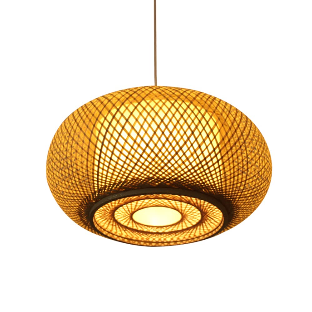 LYMSXAZOU Tightly Woven Wicker Pendant Light Natural Rattan Chandeliers Domed Shape Chinese Style Bamboo Lampshade For Bar Cafe Living Room Decoration (with No Bulb)