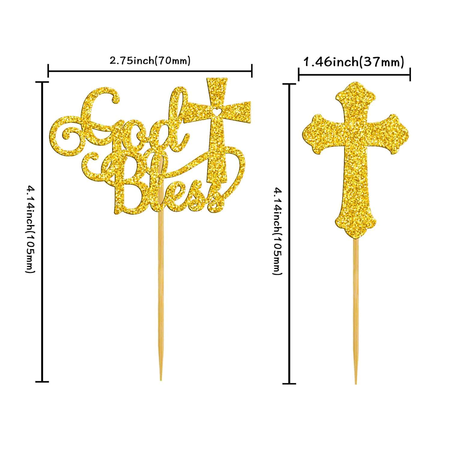 KAZIPA 24Pcs God Bless and Baptism Cupcake Toppers Glitter Cross God Bless Cupcake Picks for Christian First Communion Baptism Party Cake Decorations Supplies (Gold)