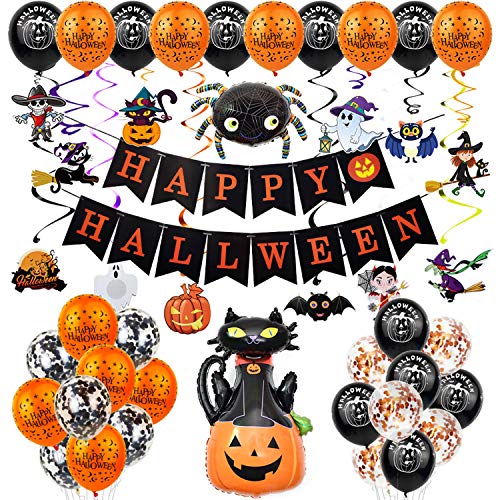 Ebriche Halloween Decoration Set Happy Halloween Bannière Motif Araignée Citrouille Feuille Ballons en Latex pour Enfants Halloween Thème Fête De Classe Bar Décorations De Centre Commercial Cover