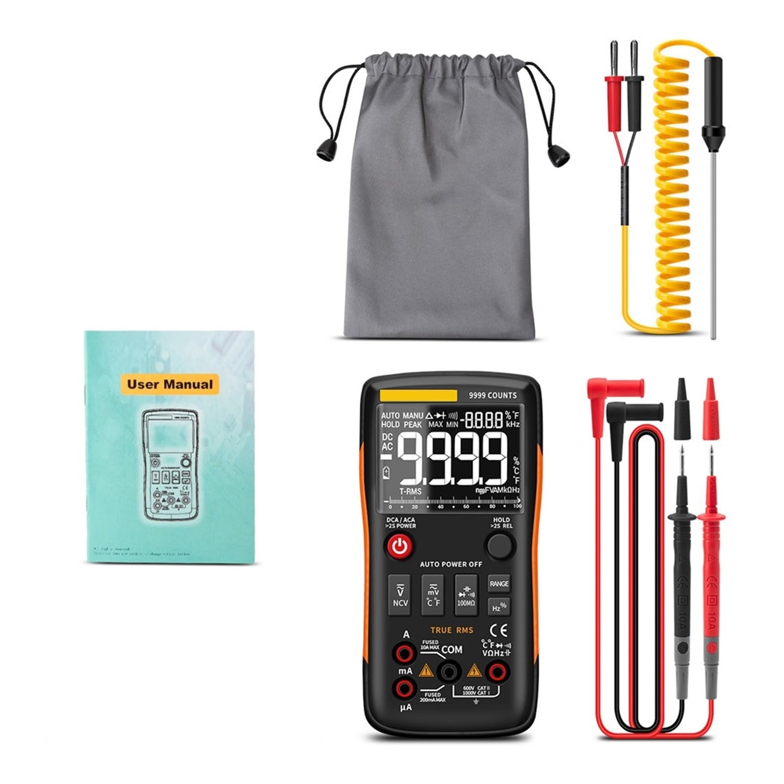 Multimetr Cyfrowy 9999 Zlicza True Samochodowy Tranzystor Elektryczny Kondensator NCV Tester Profesjonalny Miernik Test Szybko Dokładnie Łatwy Odczyt(Q1 Orange)