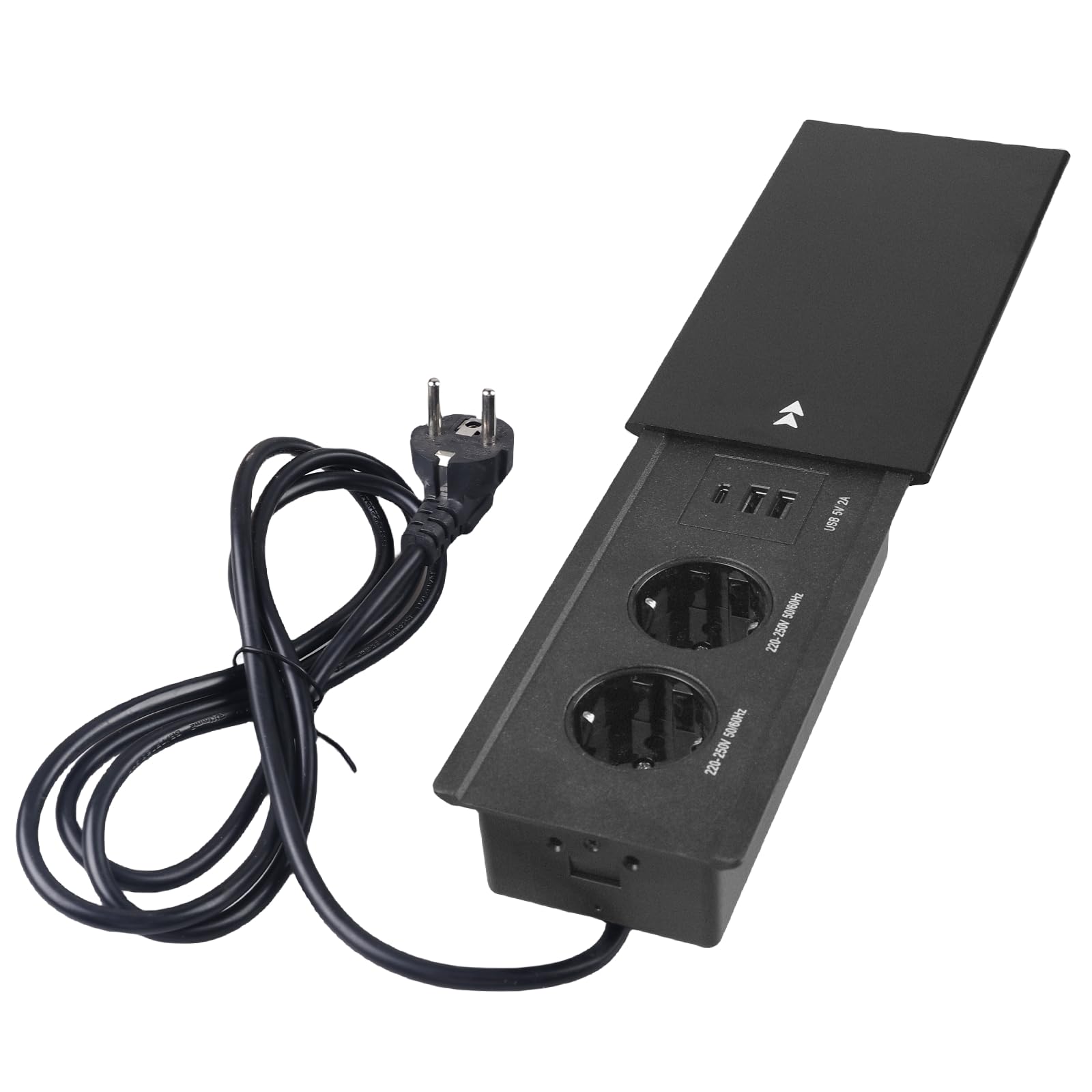 Gniazdko stołowe 4 w 1: gniazdko do zabudowy z 2 USB A i 1 typ C, aluminiowy blat, przesuwna pokrywa