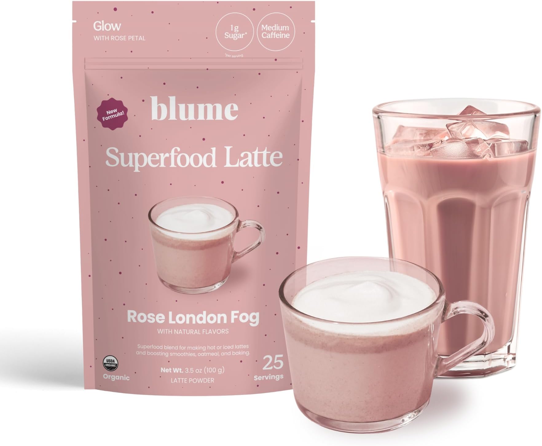 Blume Rose London Fog Latte - Decafe with Zero Sugar or - Certified Organic, Vegan and Gluten-Free - Tart Cherry & Rosehips blend Rich in Antioxidant - 30 Servings