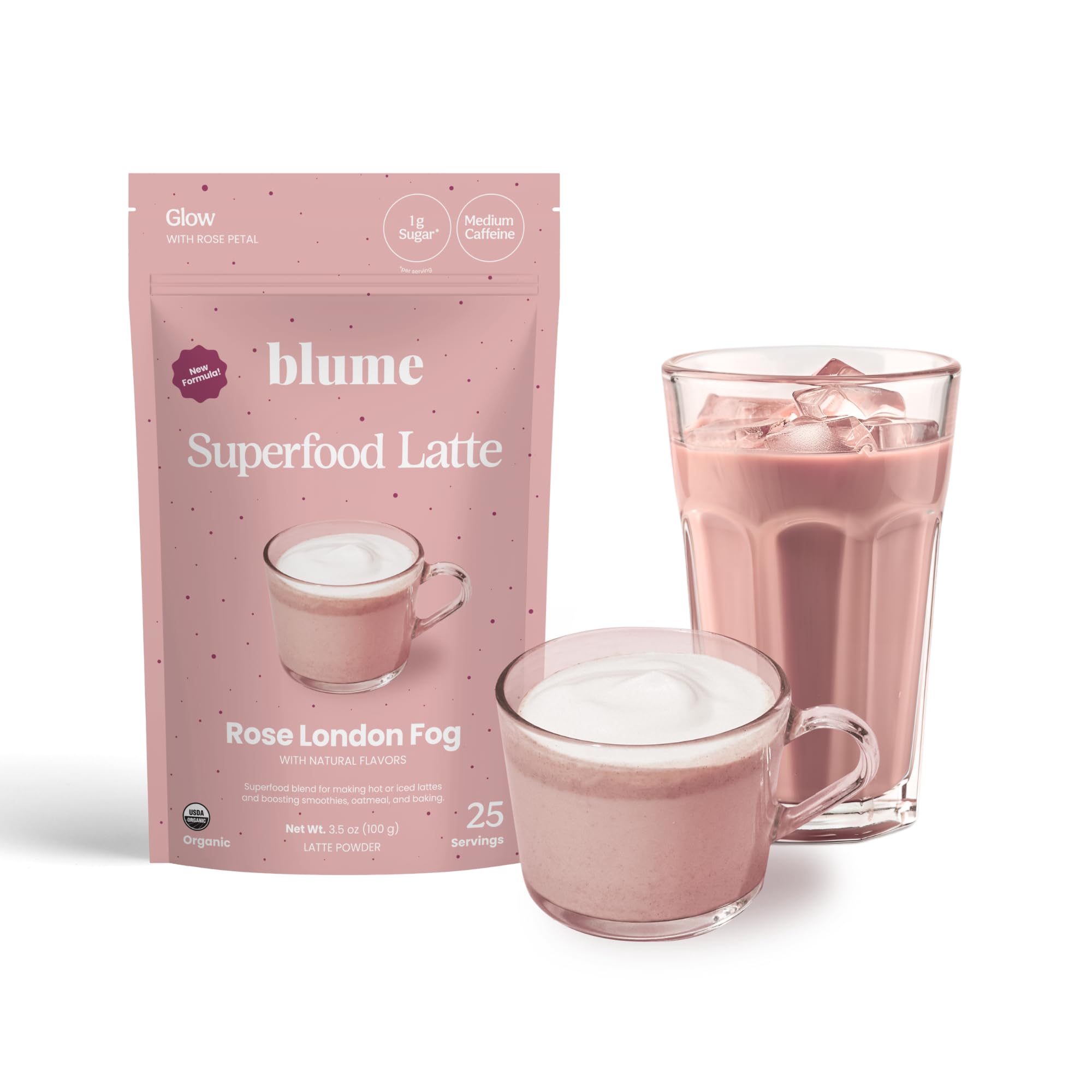 Blume Rose London Fog Latte - Decafe with Zero Sugar or - Certified Organic, Vegan and Gluten-Free - Tart Cherry & Rosehips blend Rich in Antioxidant - 30 Servings