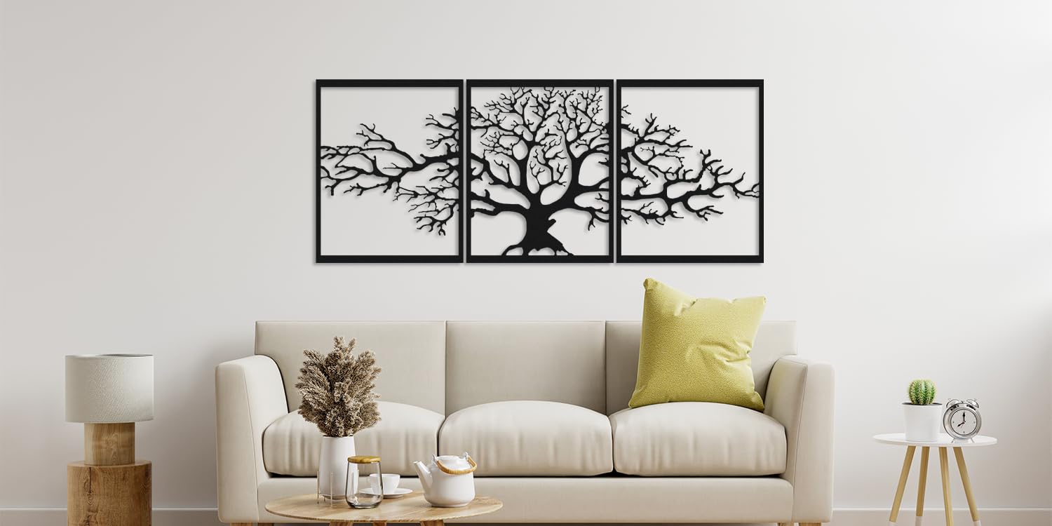 Arbre De Vie En Métal, Décoration Murale, Sculpture en métal 3D, Pour Maison, Bureau, Chambre à Coucher, Salon, Décoration extérieure, Grand lot de 3, Noir, (144x60 cm)