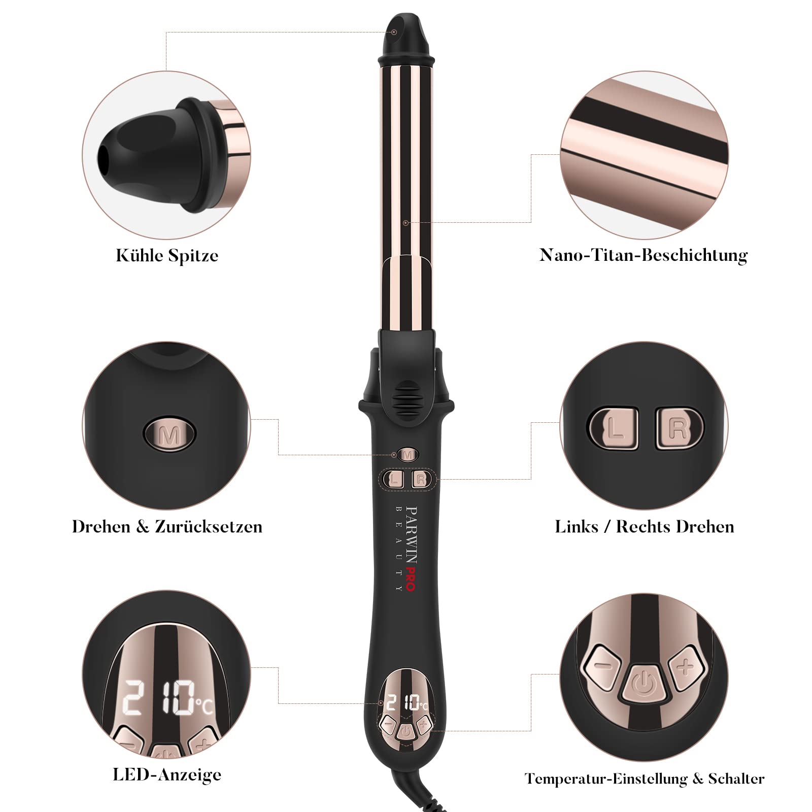 360° Rotierender Lockenstab Automatisch, PARWIN PRO BEAUTY Lockenstab Curling Iron 25mm, Nano-Titan-Beschichtung, Hair Curler mit LCD Display, 120-210℃