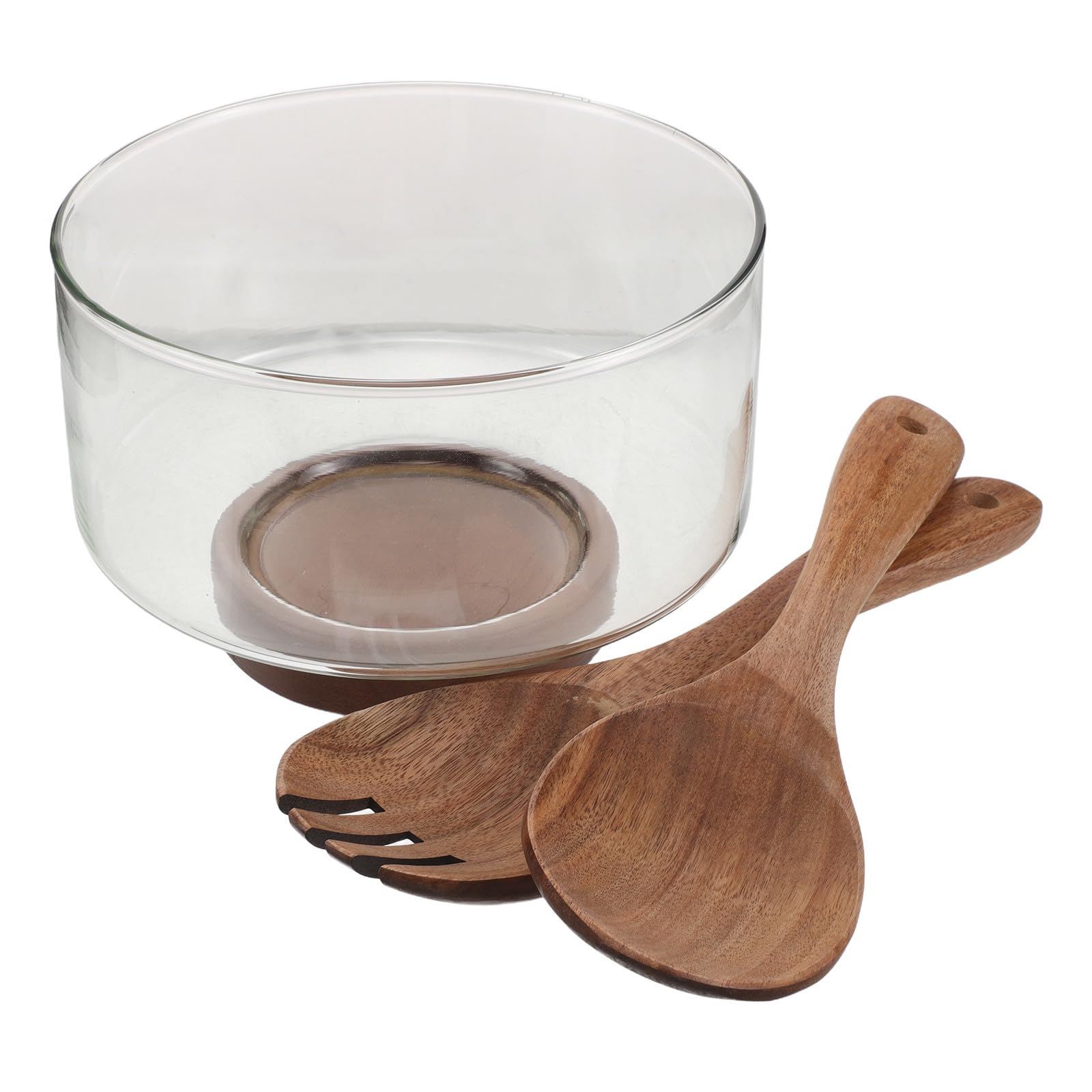 jojofuny Bol para Ensalada de Vidrio con Base de Madera, Capacidad 1.7l, Diseño Redondo Moderno y Resistente Temperatura para Uso en Cocina y Mesa