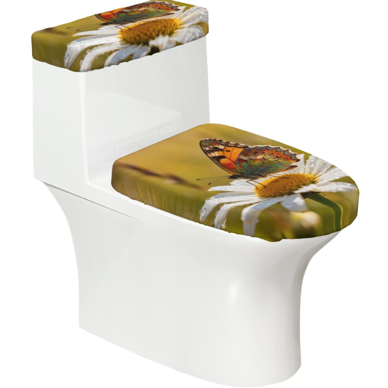 Cntdbu Black Chrysanthemums And Butterflies Stretchy Toilet Lid And Tank Cover Set-Soft Elastic Bathroom Decor For U Shape Oval
