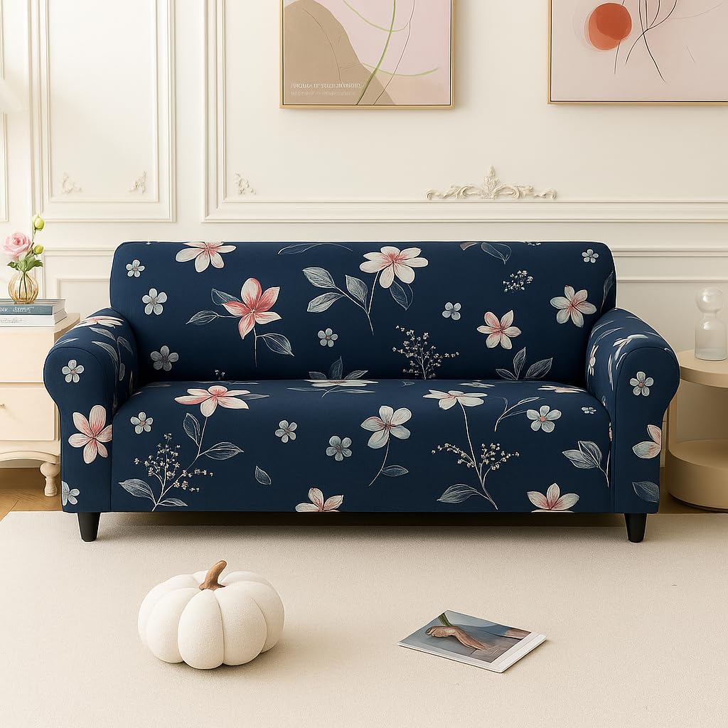 Homerz Premium 3 Seater Universal Elastic fit Sofa Cover Fully Covered, Non-Slip Sticky Elastic Stretchable Sofa Set Slipcover Protector (Blue Floral, 3 Seater)