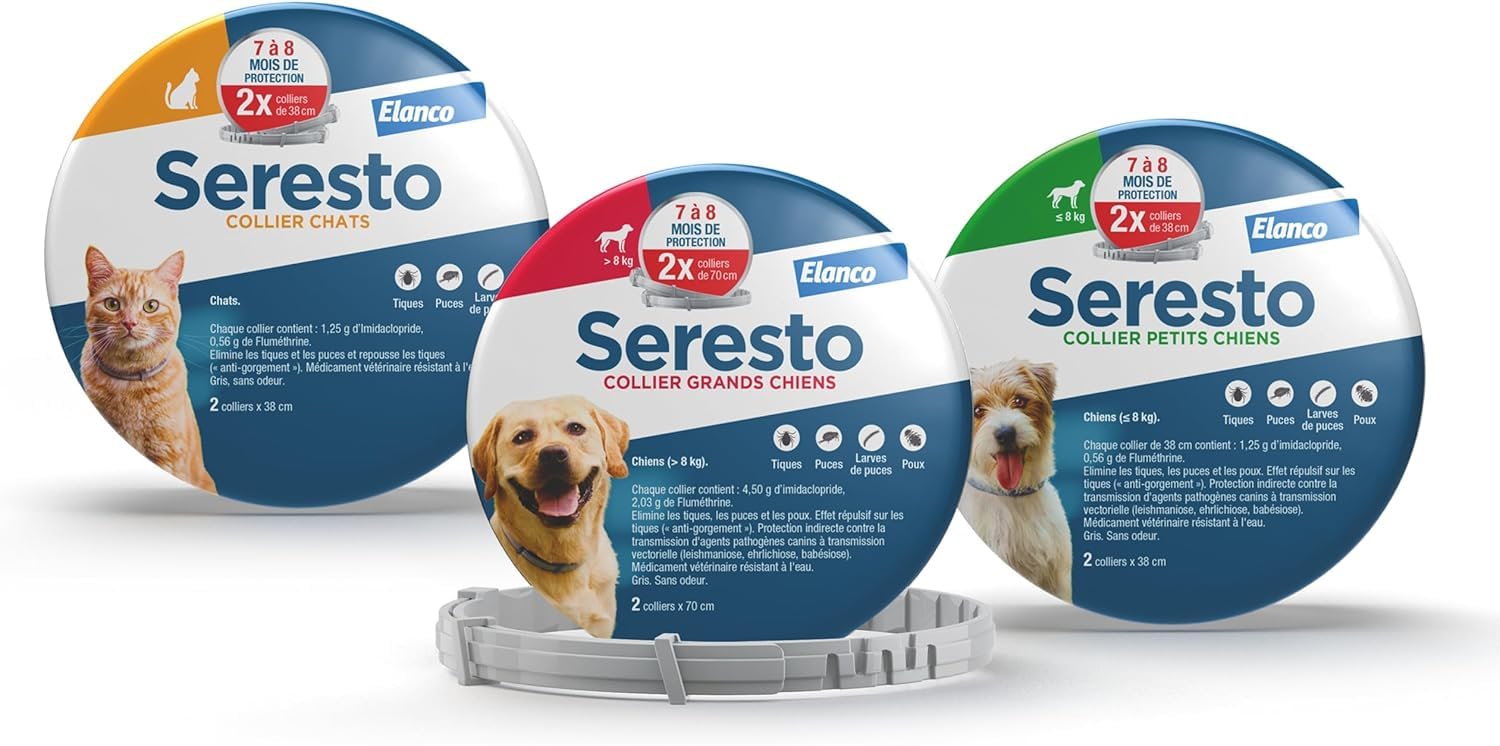Seresto Collier Petits Chiens – 2 Colliers anti puces et anti tiques longue durée pour petits chiens de moins de 8kg – Protection leishmaniose, tiques, puces continue pendant 7 à 8 mois – Gris