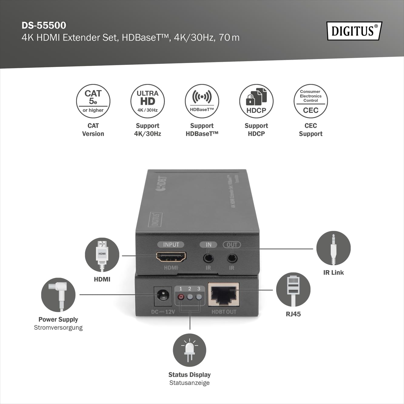 DIGITUS Extensor HDMI – UHD 4K 30 Hz – HDBaseT 1.0