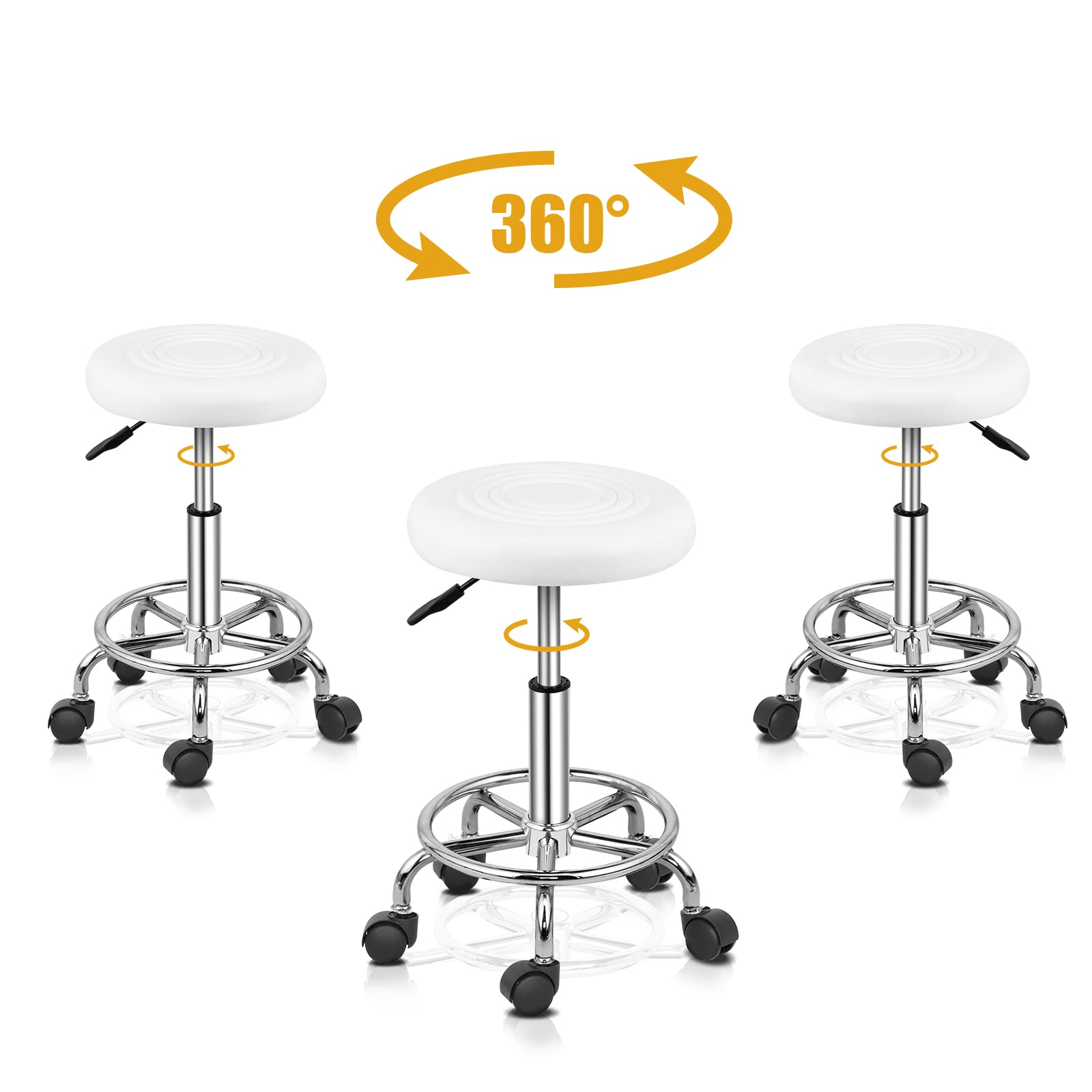 Bonnlo Tabouret de Bureau Tabouret à roulettes Rotation à 360° et Hauteur Réglable 47,5-61 cm pour Salon de Manucure, Salon de Beauté, Spas et Bureax, Blanc