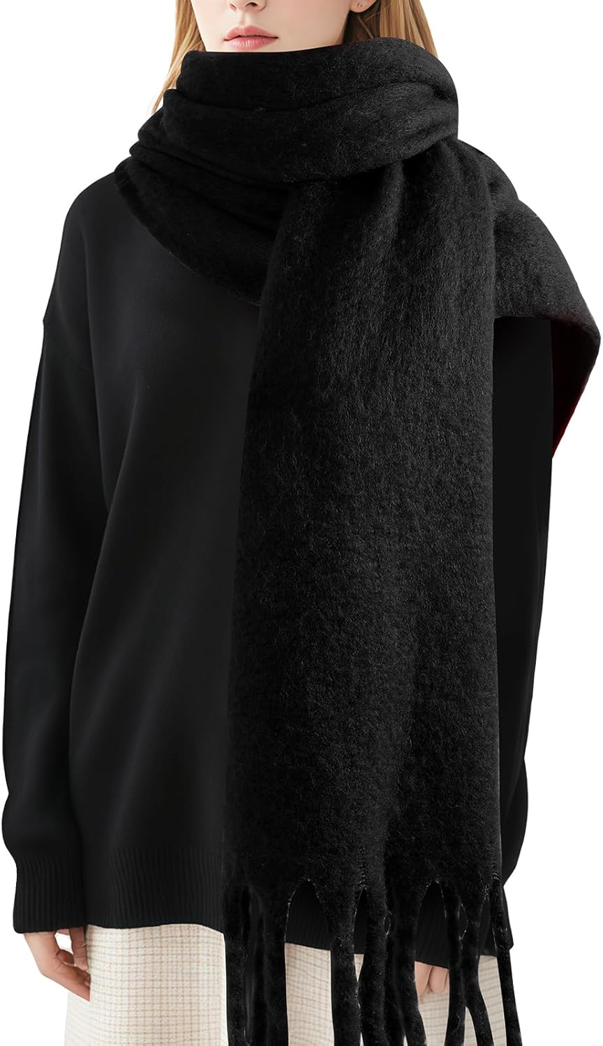 Premillow Women's Mohair Winter Scarf Pure Color, Warm Winter Scarf for Women and Men, Soft Luxurious Cashmere Feel Scarfs Black
