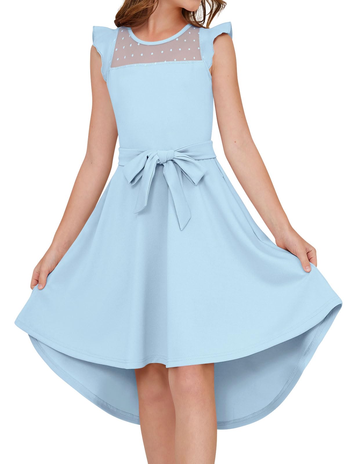 grewley Girls Dresses Summer Ruffle Sleeve Mesh A Line Casual Party Dresses Belted Dress with Pockets 5-14 Years