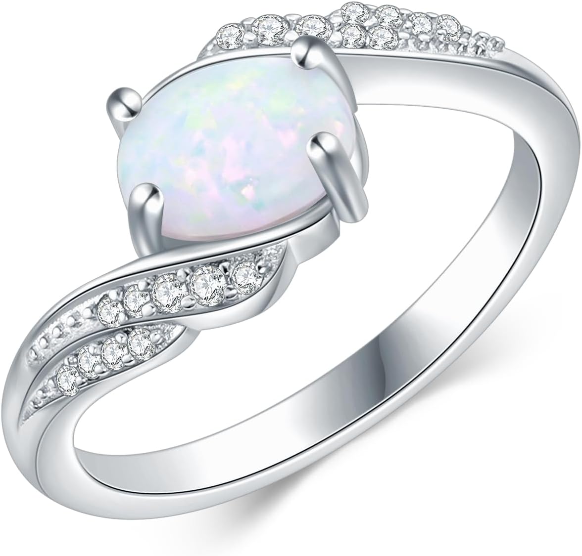 925 Silver White Oval Opal Ring with Angle Wings-Statement-rings Opal Jewelry Gifts for Women Her(Ring Size 5-9)
