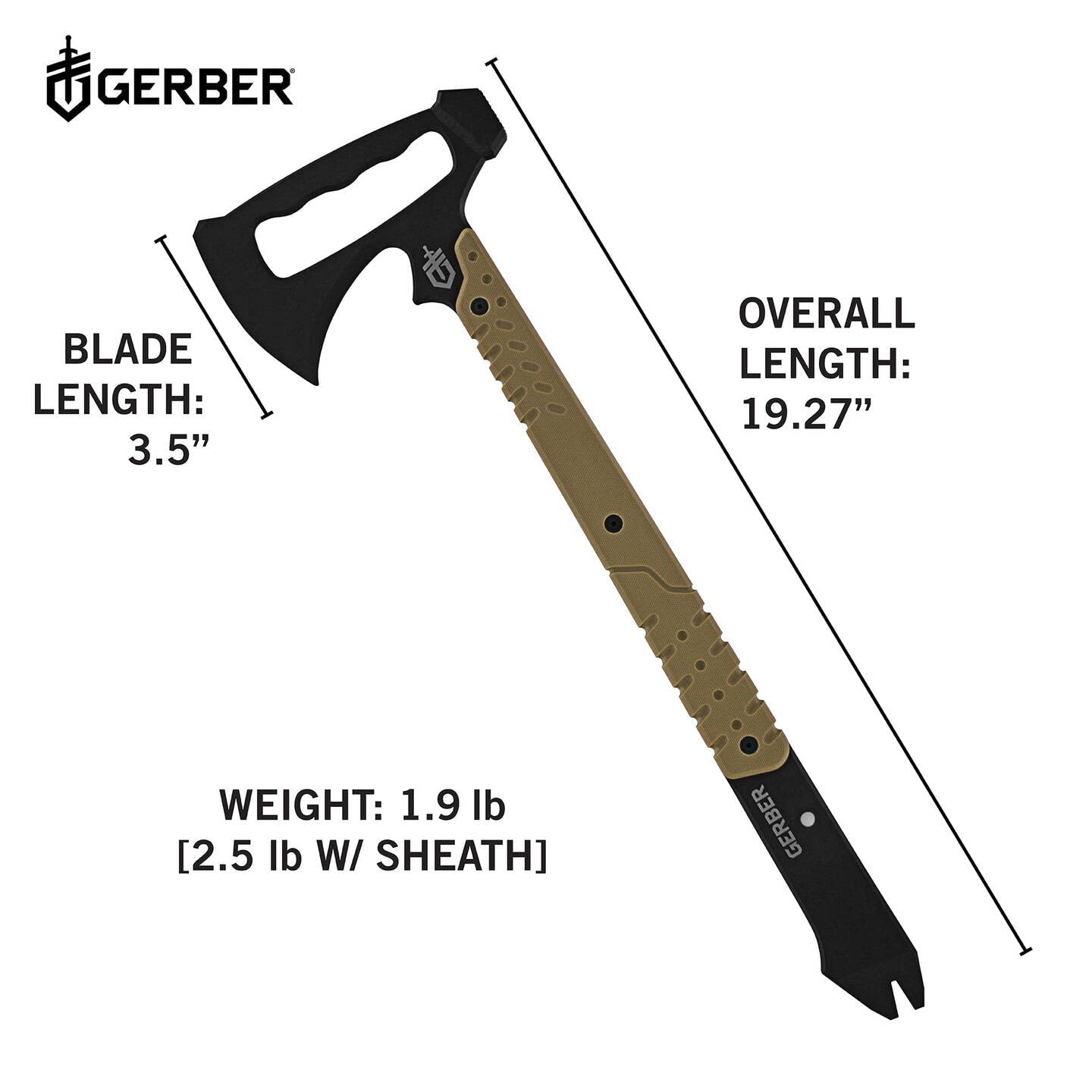 Gerber Outdoor Axe, Downrange Tomahawk, con Testa di Martello e Piede di Porco, Fondina Inclusa, Compatibile Molle, Materiale: Acciaio 420Hc, Lunghezza: 48,9 Cm, Peso: 862 G (Senza Fondina), 30-000715