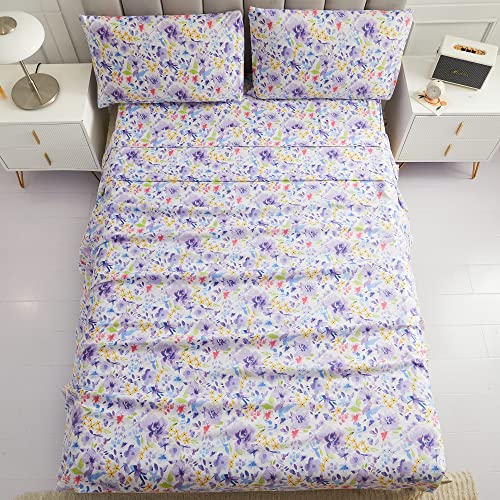 Image of Mooreeke Floral Full Sheets, Soft Breathable Microfiber Vintage Printed Bed Sheet Set, Deep Pocket Non-Slip Fitted Sheet Included, Purple Flower Pattern