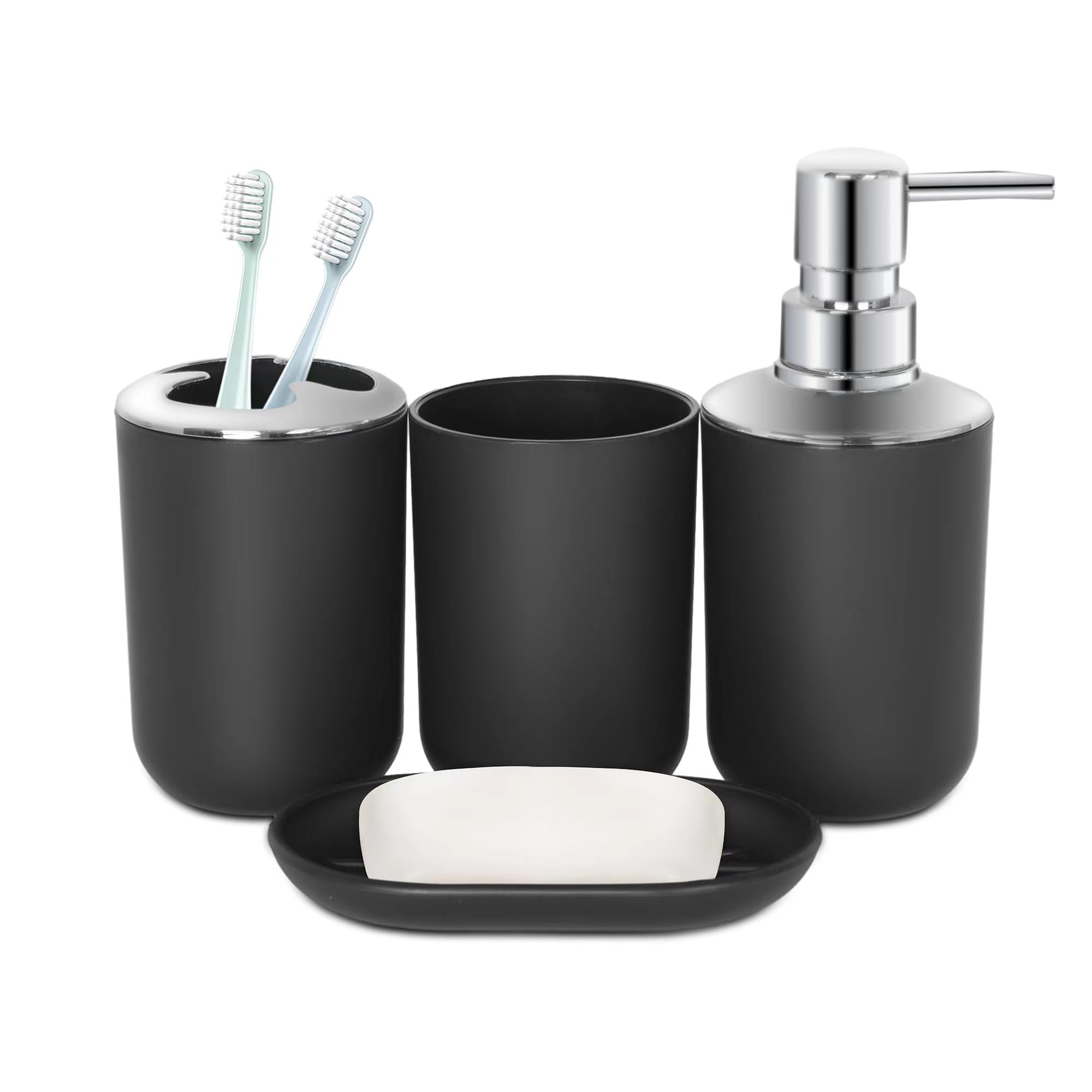 Black Bathroom Accessories Set 4 PCS, Black Bathroom Accessories, Plastic Soap Dispenser and Toothbrush Holder Set, Soap Dish and Mouthwash Cup, Boho Bathroom Decor, Bathroom Set