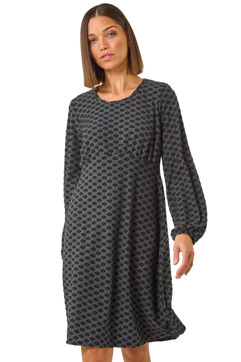Roman Women Gathered Chest Dress Ladies Stretchy Fit & Flare Swing Tea A Line Skater Knee Length Long Sleeve Midi Smart Casual Work Going Out Cocktail Party - Dark Grey Noir - Size 18
