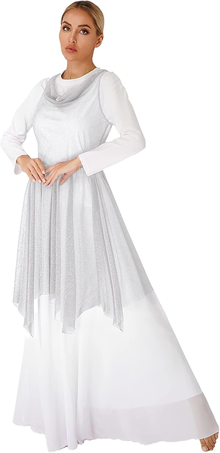 Women Worship Praise Dance Tunic Glittery See-Through Lyrical Dance Dress | Liturgical Dancewear,Asymmetrical spiritual Dance Dress,Pullover,Worship Dance Overlay,Christian Dance Clothes,Church Choir