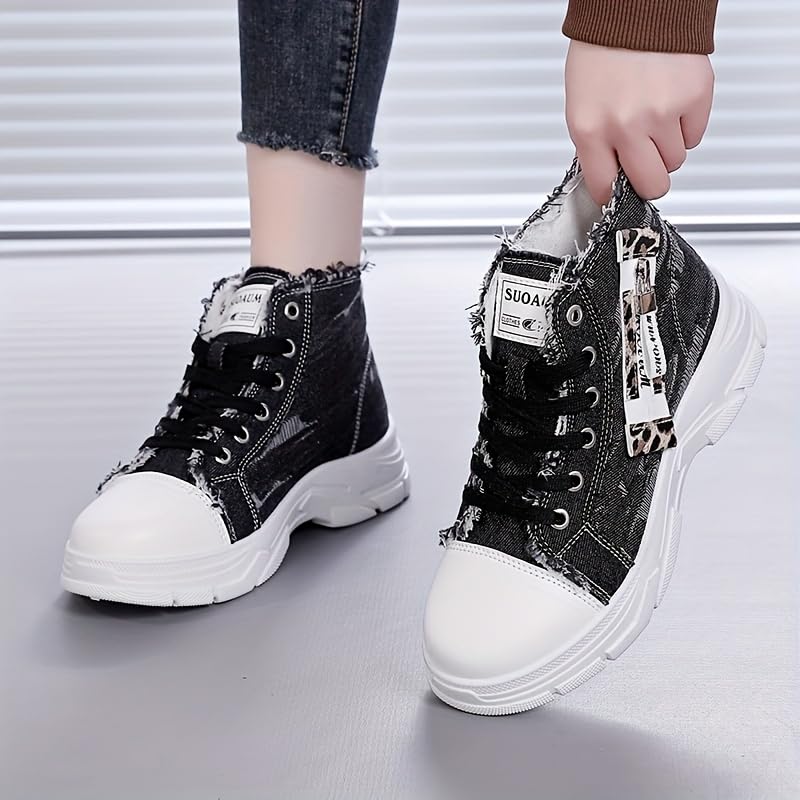 Women's High-Top Denim Sneakers with Side Zipper - Comfortable Thick Sole Casual Shoes, Versatile Fashion Athletic Footwear, Soft Insole, Hand-Washable, All-Season Wear, High Top Sneakers4