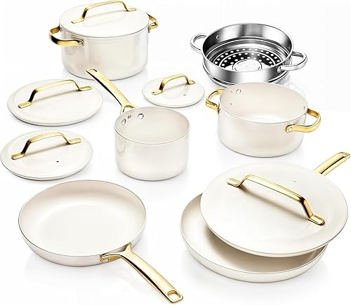 Gotham Steel Modern - Juego de utensilios de cocina de cerámica de 11 piezas, elegante juego de ollas y sartenes antiadherentes con vaporizador,