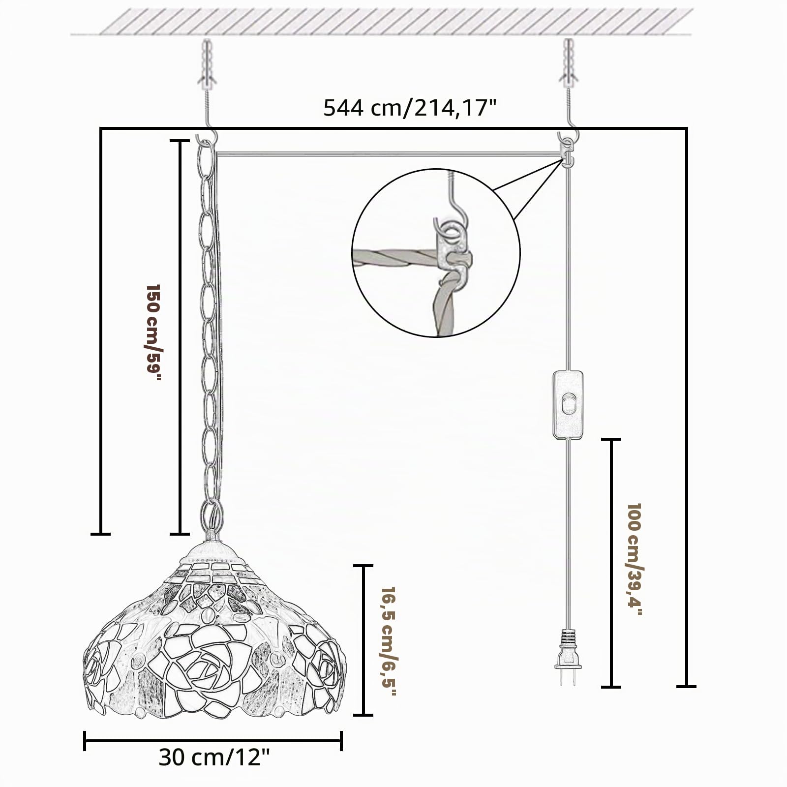 Tiffany Pendelleuchte Rose Blumen Buntglas Hängelampe 12 Zoll Antik Stil Plug in Licht für Haus Küche Insel Esszimmer Wohnzimmer Flur Theke Bar