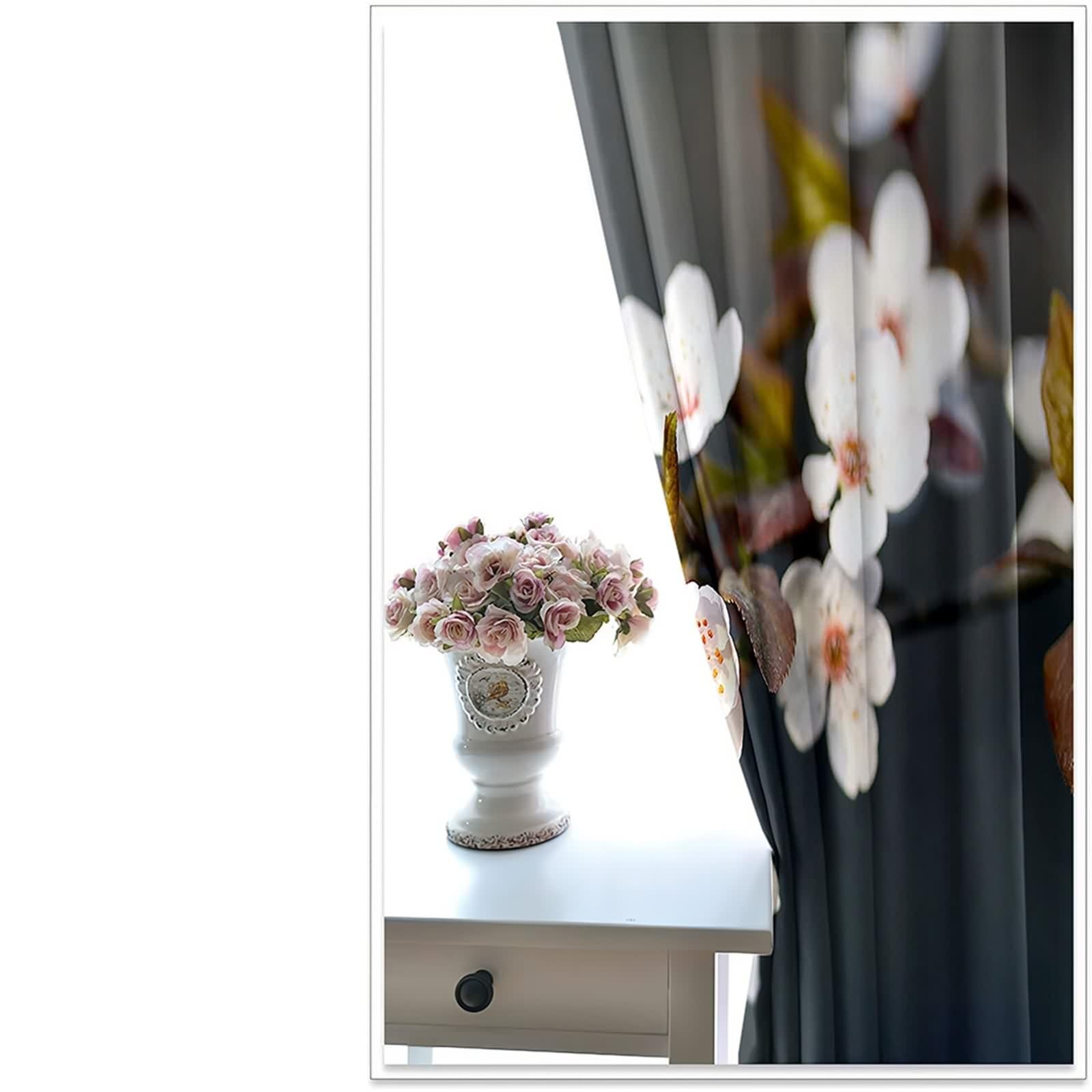 Vorhänge Elegant, Gardinen Landhausstil Weiß Grün Polyester Weiße Blumen Vorhänge 2er Set B 102 x H 138 cm