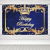 Renaiss 6x3.6ft Happy Birthday Banner Royal Blue Prince Birthday Party Decoration Gold Crown King Theme Birthday Party Supplies Royal Blue and Gold Boys Man Birthday Yard Sign Photography Background