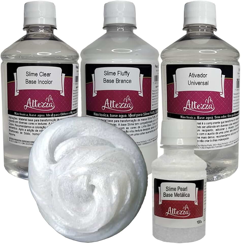 Kit Ativador Slime Universal 500ml + Cola Slime Fluffy 500g + Cola Slime Transparente Clear 500g - Altezza - Kit DIY para Slimes Criativos (Kit + Pearl 100g)