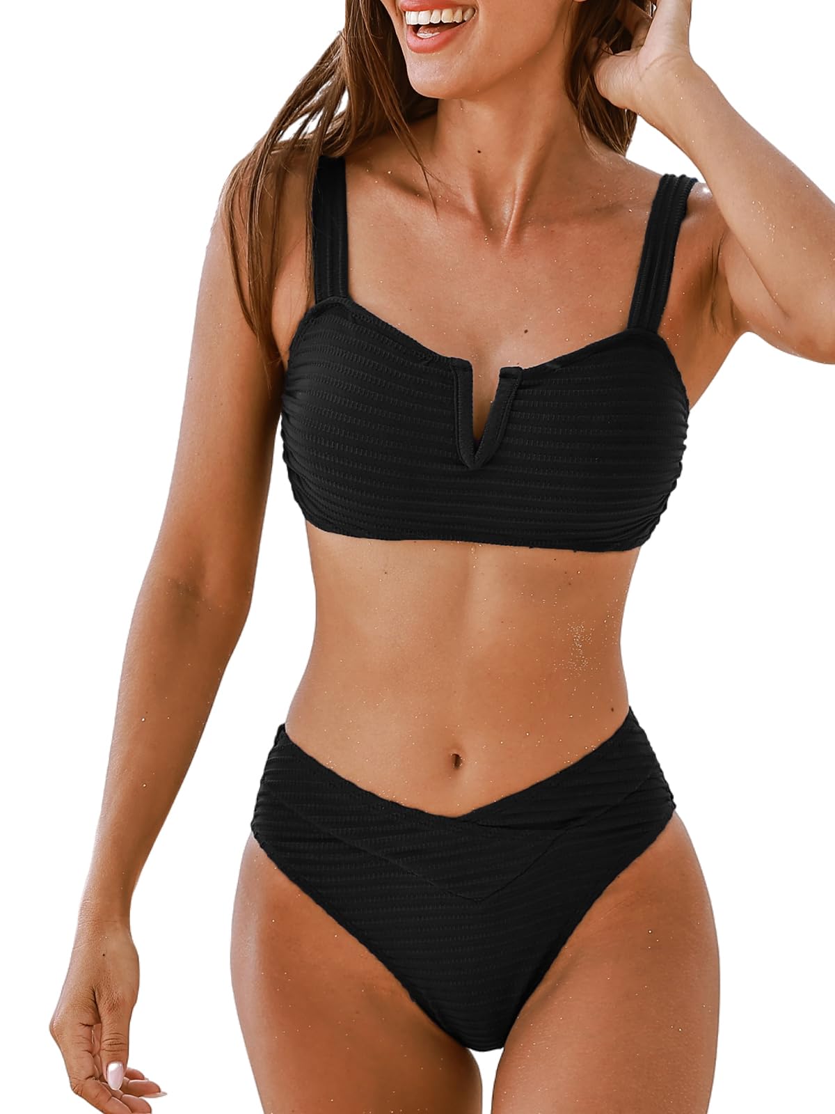 CUPSHEWomen's Bikini Sets Two Piece Bathing Suit Scoop Neck Mid Rise Adjustable Wide Straps Back Hook V Wire