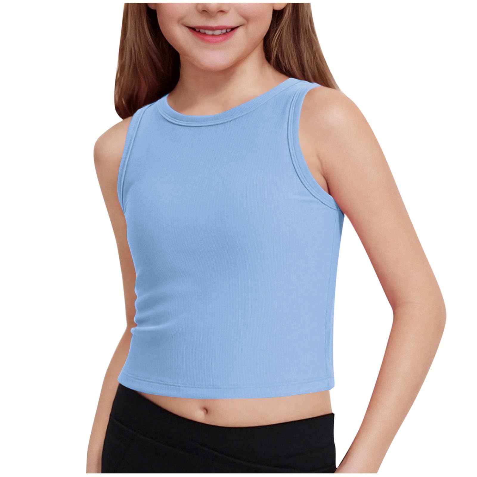 Canotta da corsa per ragazze 5-15 anni, senza maniche, girocollo, per bambini, elasticizzata, a costine, maglia corta, tinta unita, comoda, aderente, abbigliamento estivo per sport e corsa