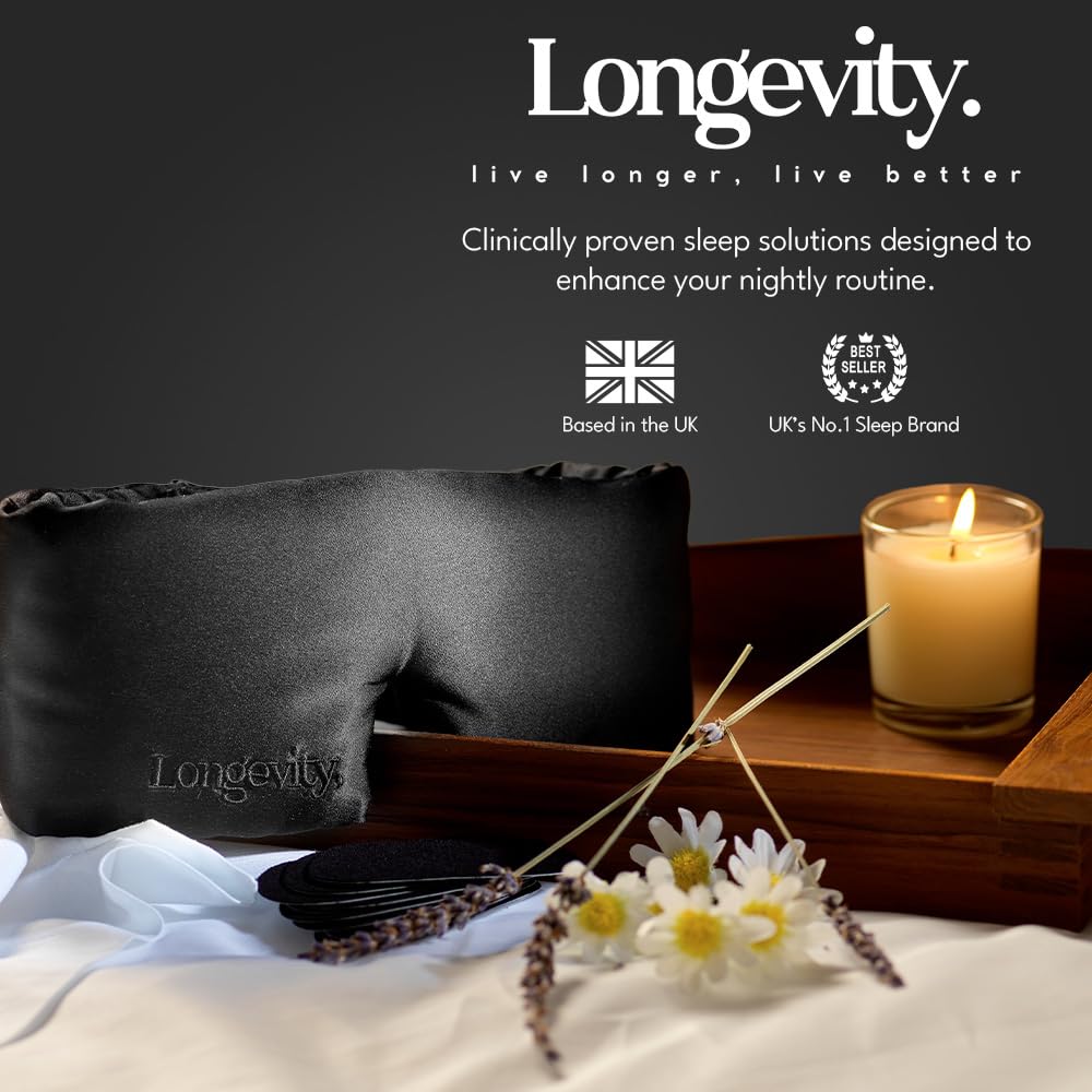 Longevity Antifaz de seda de morera 100 % para dormir, antifaz de seda bio-contorneada con infusión de iones de plata para piel y cabello, bloqueo de luz, hipoalergénico, ayuda para dormir de lujo