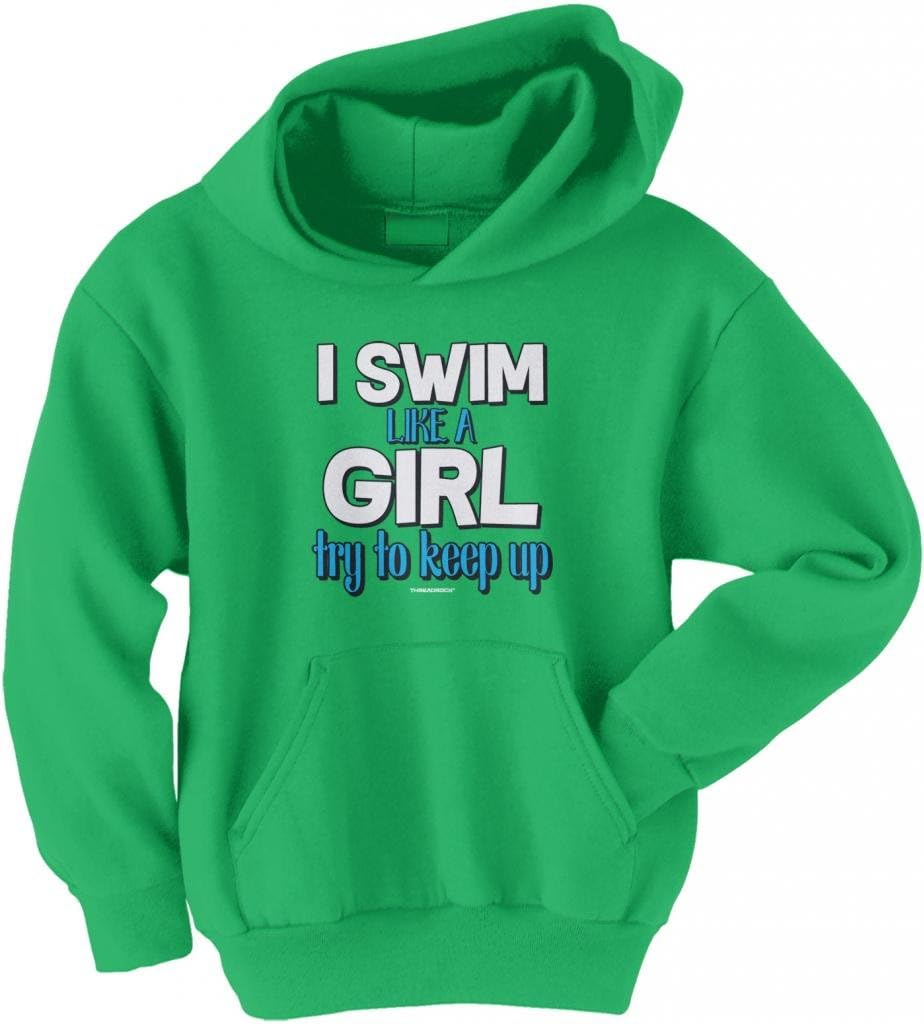 Threadrock Big Girls' I Swim Like a Girl Try to Keep Up Youth Hoodie Sweatshirt