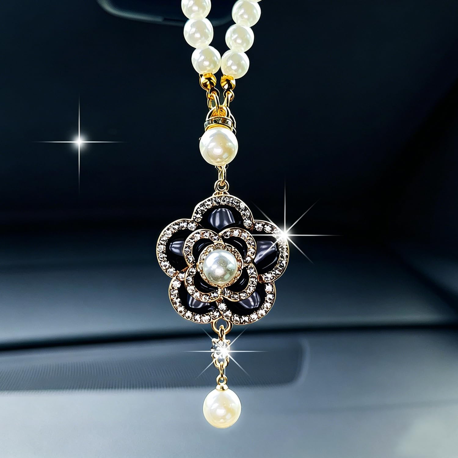 Bling Flower Rear View Mirror Accessories, Cute Car Decor for Women, Pearl Chain with Camellia Car Hanging Accessories Rearview Mirror Charms