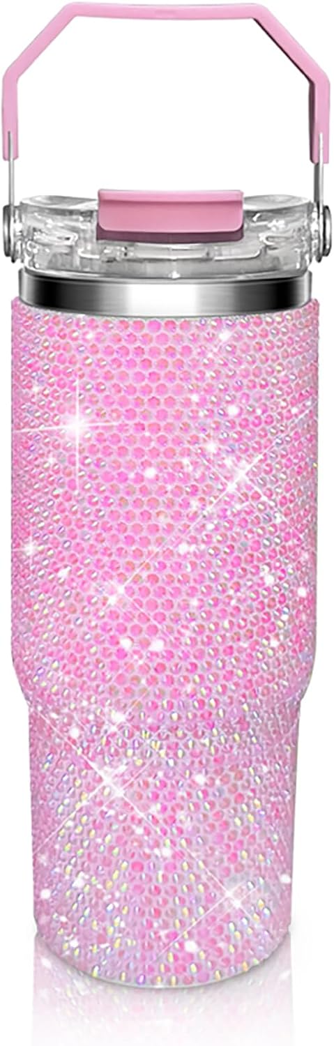 30oz Bling Rhinestone Studded Tumbler with Top Handle, Bling Cups Stainless Steel Water Bottle Diamond Glitter Tumbler for Women - Birthday Gifts for Women, Mom,Get Well Soon Gifts (Pink)