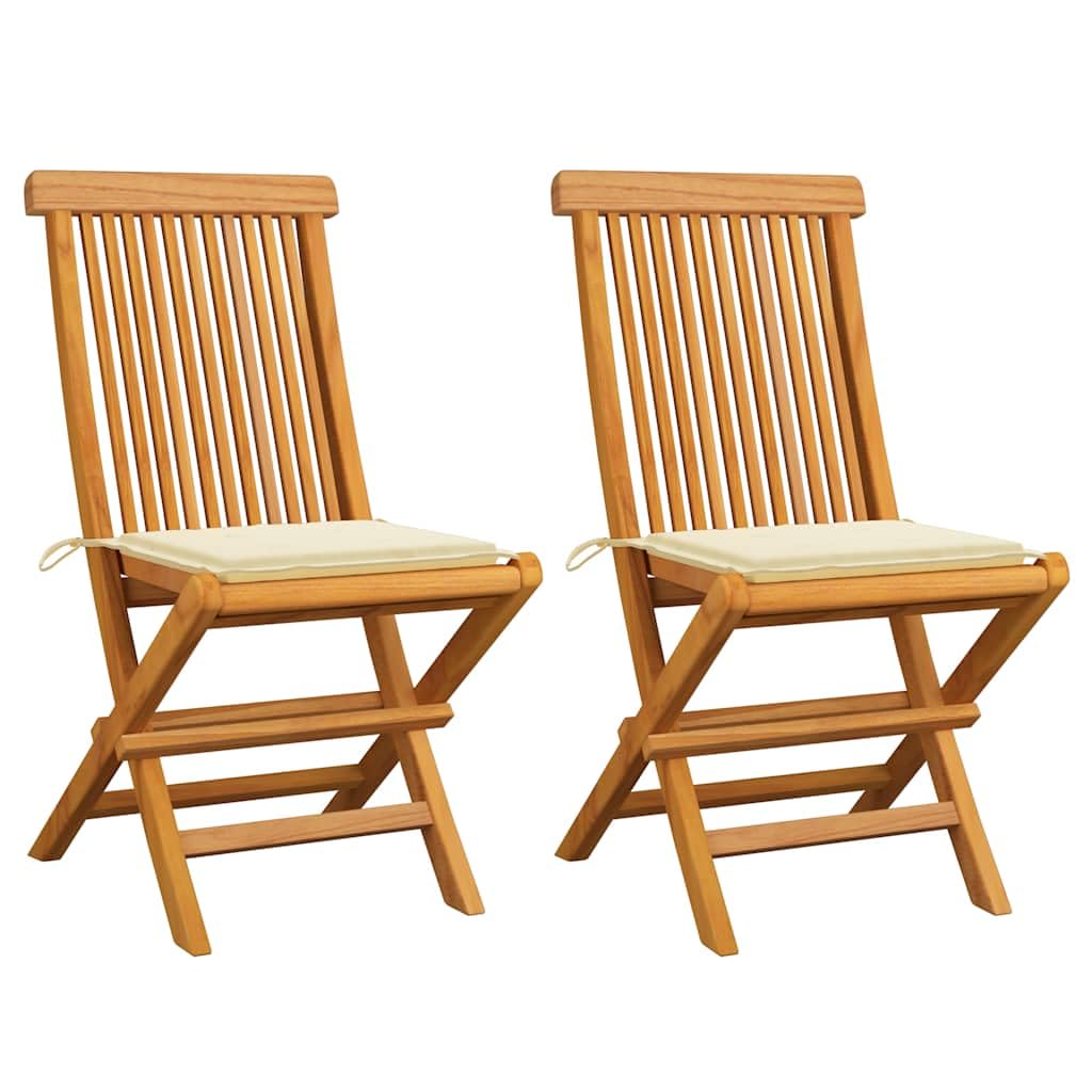 Hothingwell Zestaw 2 składanych krzeseł ogrodowych z litego drewna tekowego z poduszkami w kolorze kremowym, elegancki design, wygodne i lekkie, udźwig 110 kg na jedno siedzisko