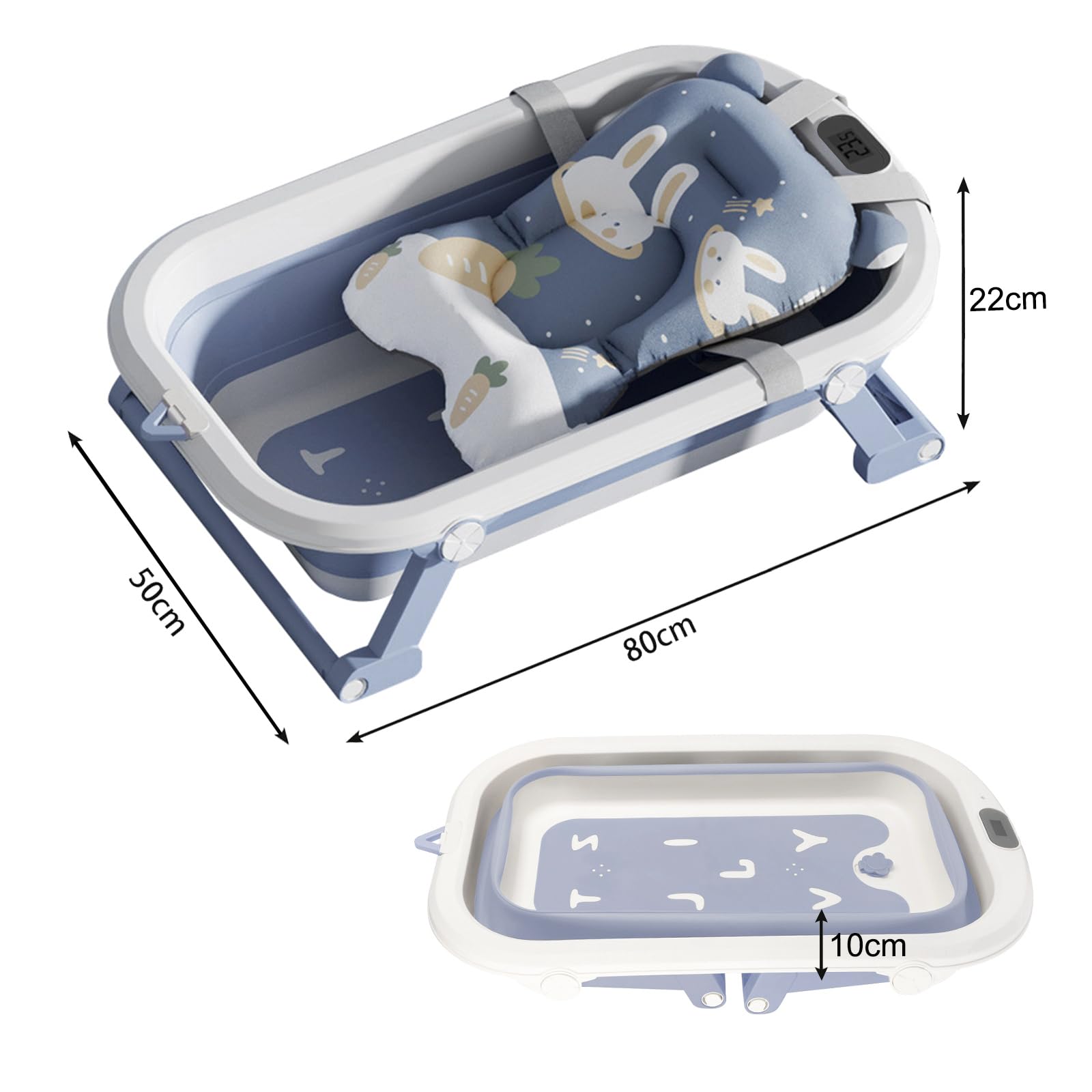 Vasca da bagno pieghevole per bambini, con tappetino da bagno e termometro integrato, compatta e portatile, ergonomica e salvaspazio, sicurezza e comfort, appositamente progettata per i neonati (blu)
