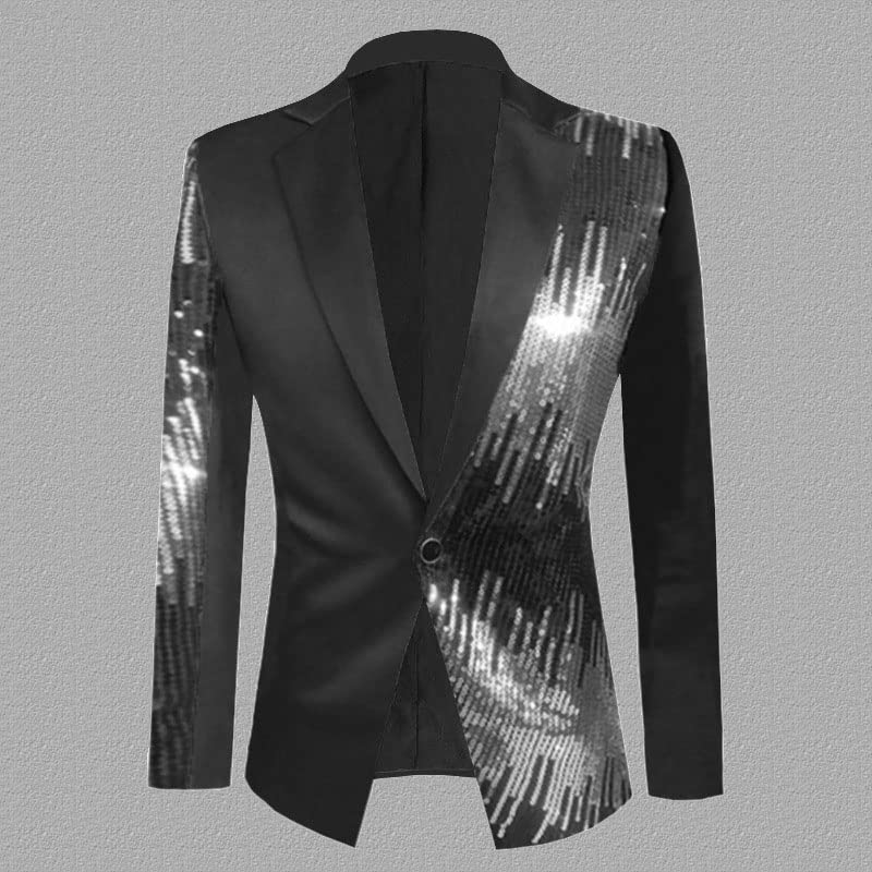 Black Sequin Patchwork Suit Jacket Men Slim Fit One Button Tuxedo Blazers Mens Wedding Party Dinner2