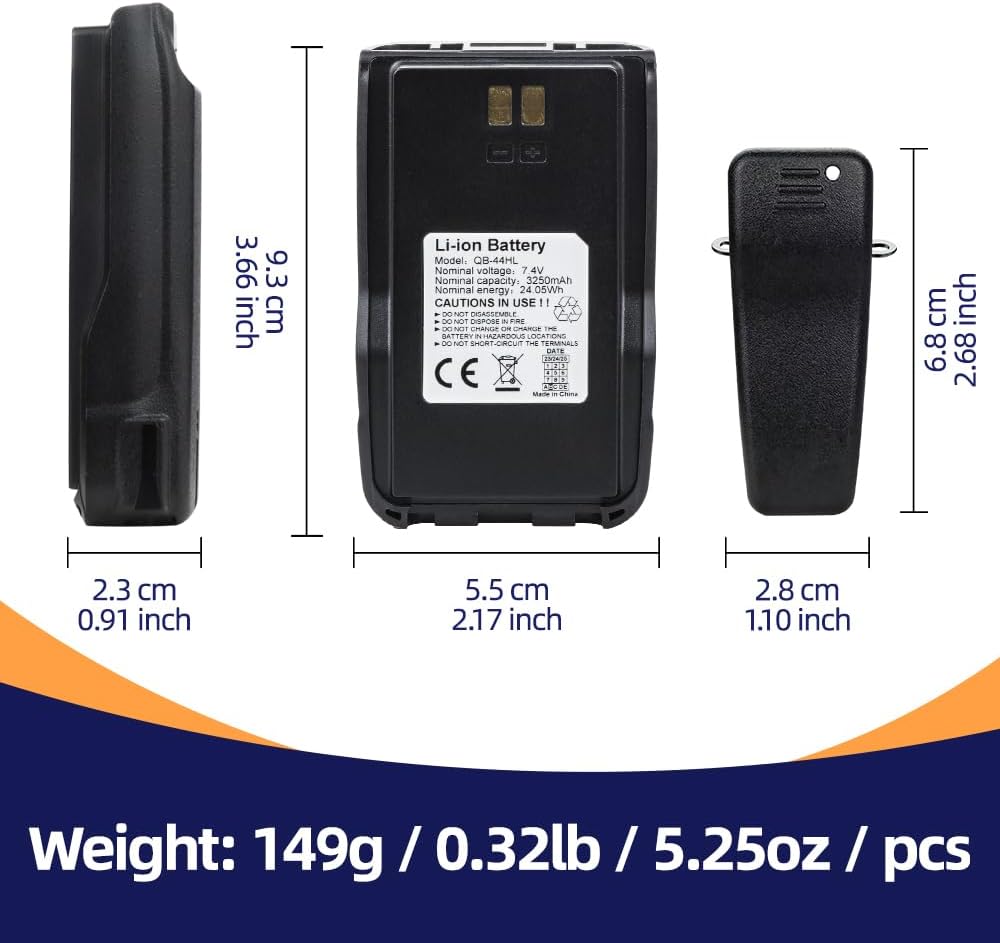 7.4V 3250mAh QB-44HL BP-878T Li-ion Battery with Belt Clip for Anytone AT-D878UV Plus D878UV D868UV D858 BTECH DMR-6X2 Radio(2 Pack)