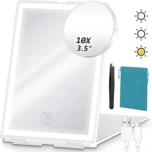 Travel Lighted Makeup Mirror with 10X Magnifying Mirror and Tweezer, Rechargeable Portable Folding Compact Vanity Mirror with 72 LED Lights 3Color Light Modes, LED Makeup Dimmable Touch Screen Mirrors