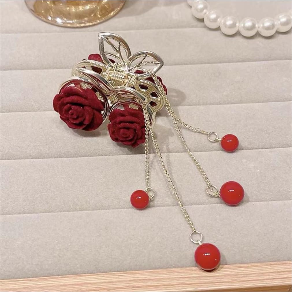 Rose Tassel Hair Clip Fancy Rose Hair Claw Clips Metal Gold Tassel Hair Clips Nonslip Hairpin for Thin Hair Half Tied Hair High Ponytail Thin Medium Fine Hair Hair Accessories for Women Girls - Image 2