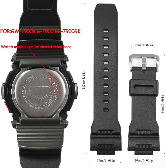 Resin Watch Strap Compatible with Casio GW-7900 G-7900 Watchband Men's Sport Waterproof Black Rubber Replacement Bracelet