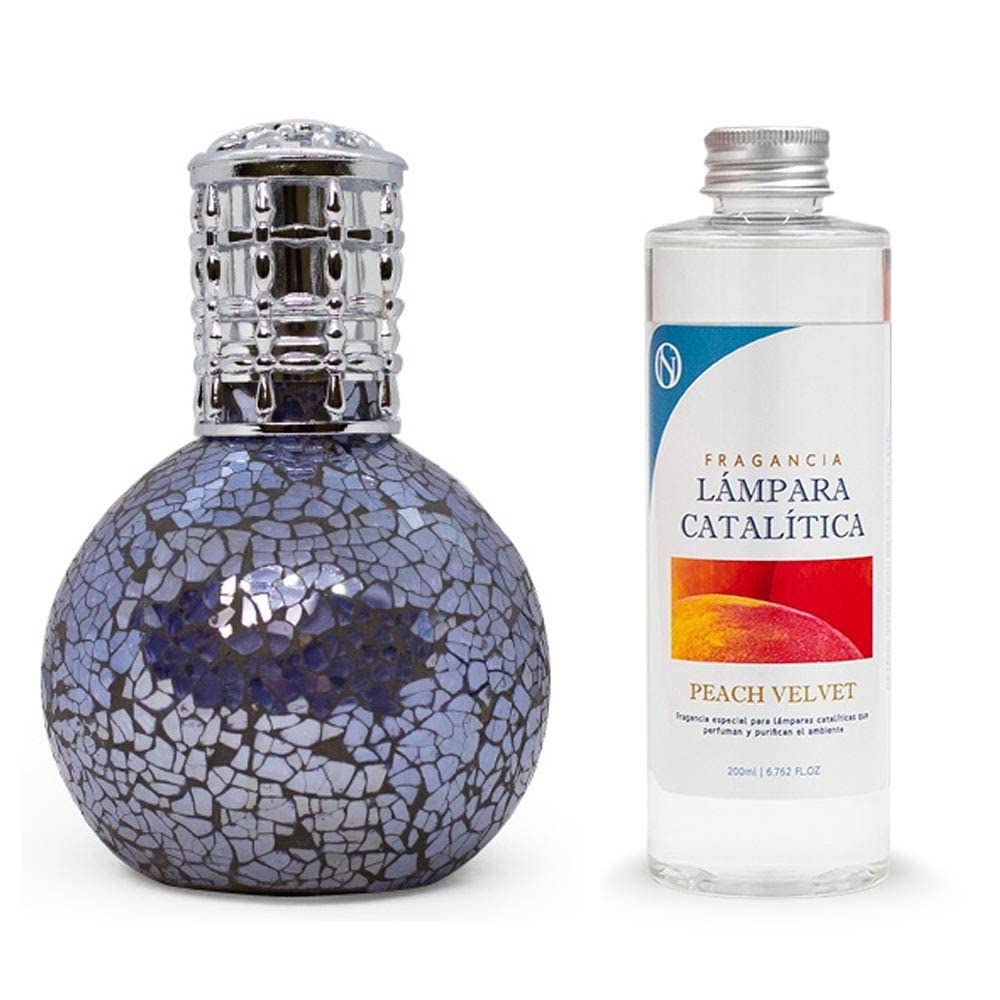Pack Ahorro Lámpara Catalítica Mosaico Azul Océano + Fragancia Aroma Peach Velvet 500ml. Elimina malos olores e impurezas, perfuma y limpia.