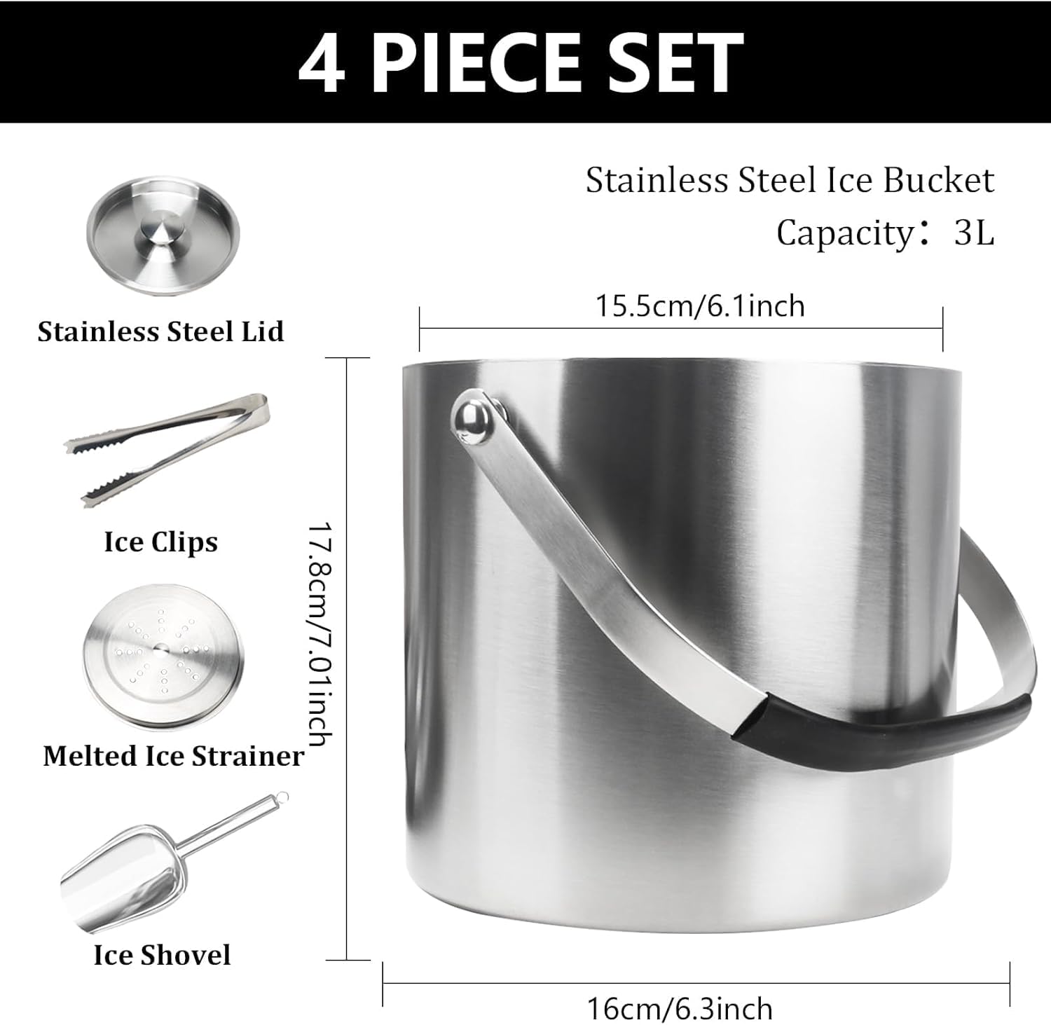 3L Secchiello Ghiaccio Vino Ghiaccio per Cocktail Porta Ghiaccio A Doppia Parete in Acciaio Inox Secchiello Per Ghiaccio con Coperchio Paletta Pinze E Colino per Cocktail Bar Feste Champagne