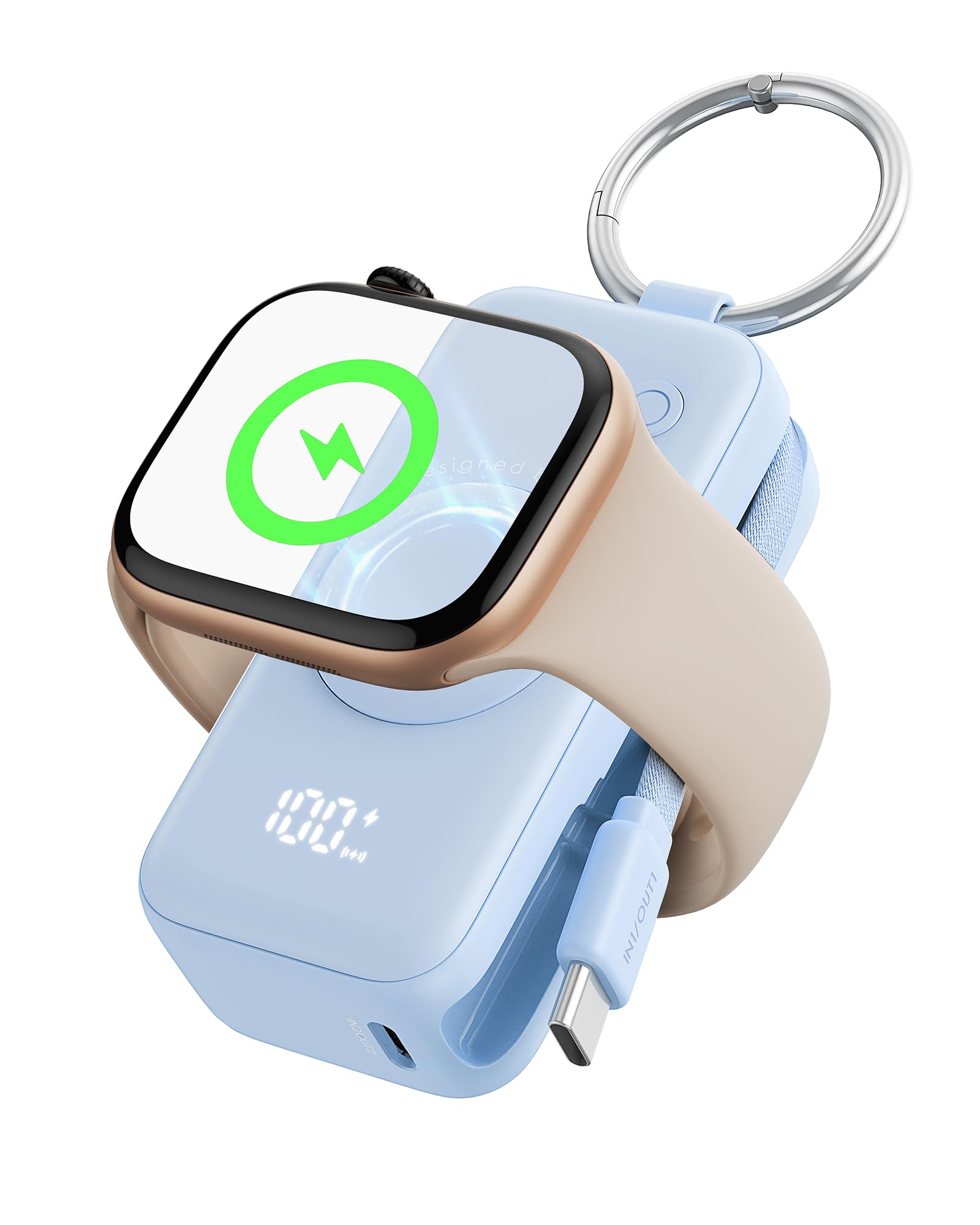 INIU Power Bank for Apple Watch, 5000mAh Wireless Portable Charger Powerbank with Built-in Cable, Slim Travel Keychain Battery Pack with LCD Display for iWatch 10/9/8/Ultra2/Ultra/SE iPhone 16/15 Blue