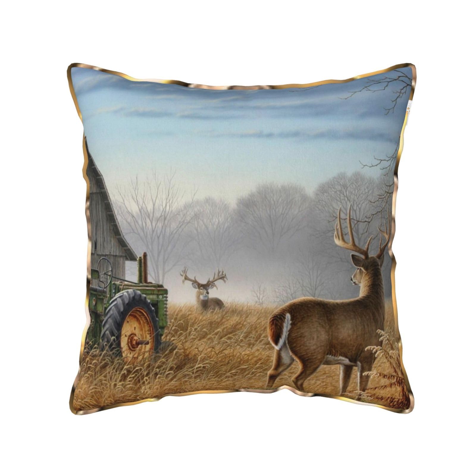 AUBKFELD Deer Hunting Printed Velvet Cushion Cover 40x40 CM with Gold Edging Strip, Square Pillowcase Soft Throw Pillow Covers Case Decorative for Living Room Sofa Couch Bed Bench