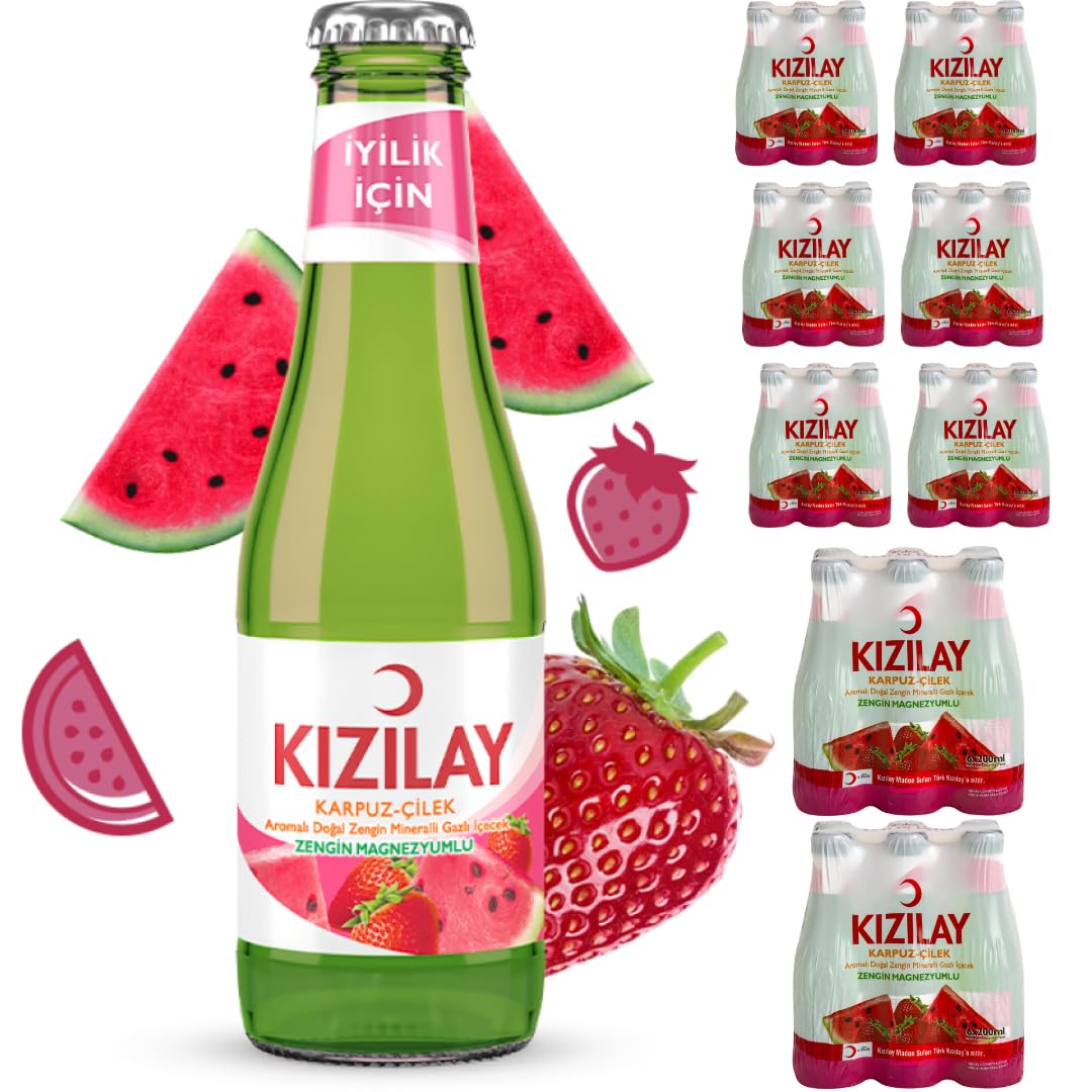 KIZILAY Natürliches Mineralwasser mit Wassermelonen-Erdbeer-Geschmack, reichhaltiges Mineralwasser mit Bikarbonat und Natrium x 48 Flaschen mit pufai grocery