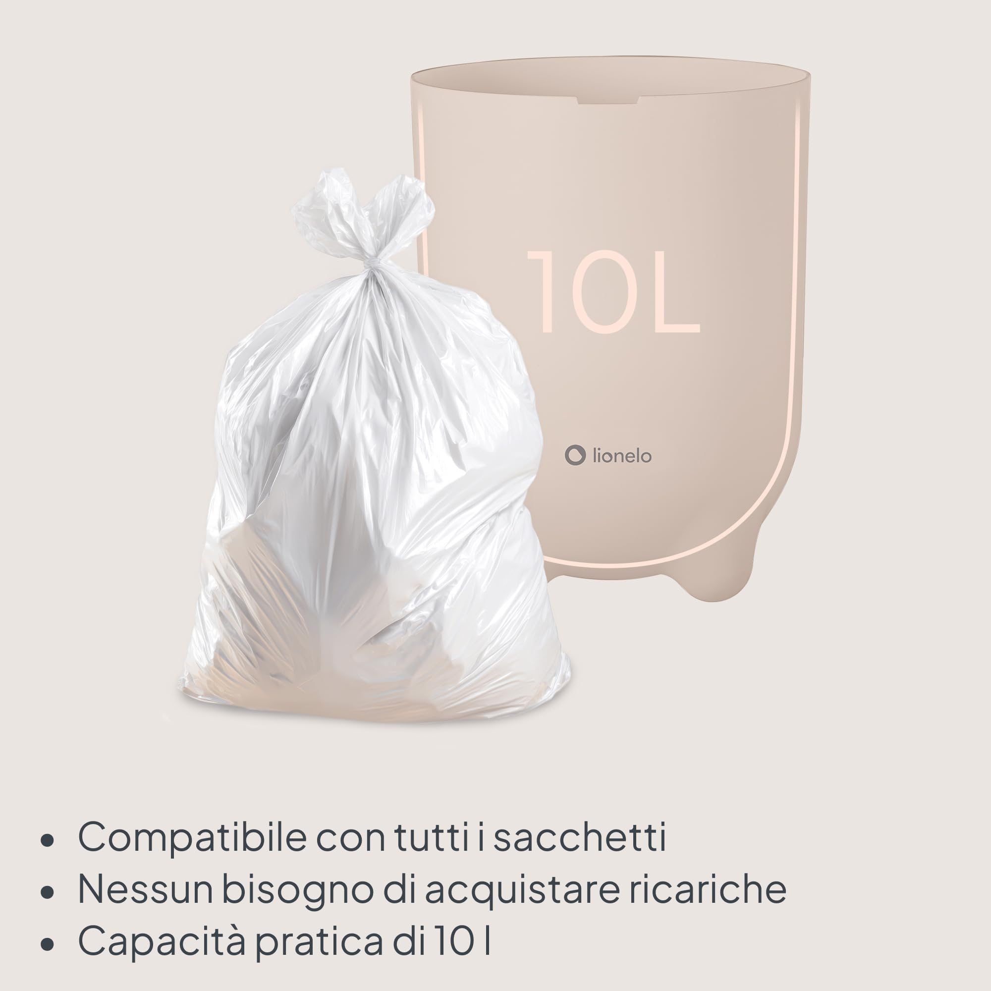 lionelo Purebin - Pattumiera per pannolini da 10 l, inodore e igienico, funziona con sacchetti universali per la spazzatura, meccanismo di controllo degli odori, funzionamento con una sola mano