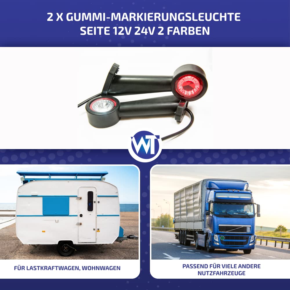 2 x Gummi Begrenzungsleuchte Seitenleuchte Positionsleuchte 12V 24V, weiß, rot, für LKW PKW Anhänger, Trailer, Abschleppwagen, auf einem langen, schrägen Wohnwagen usw