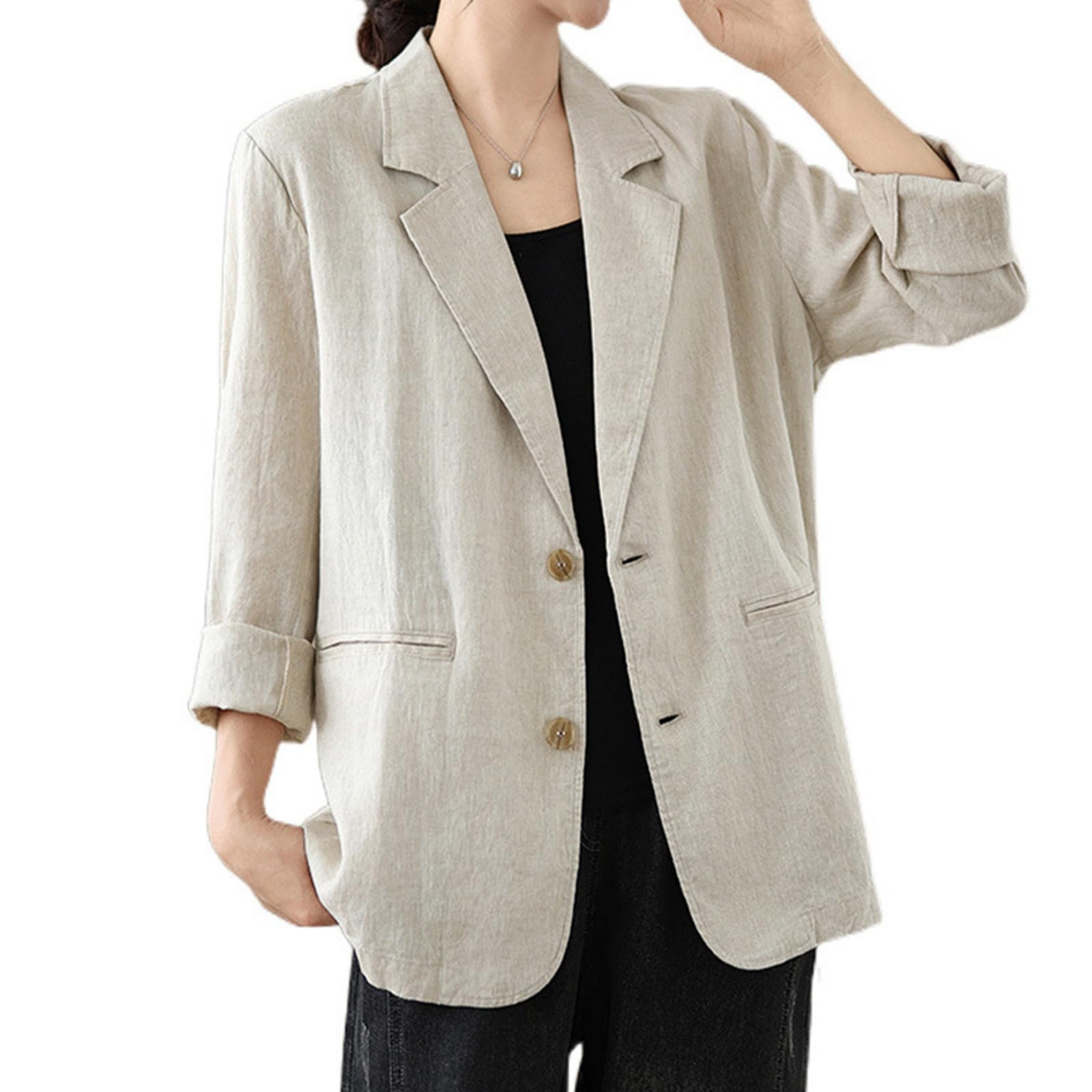 Women's Linen Blazer Summer 3/4 Sleeve Lapel Work Office Suit Casual Button Blazer Jackets with Pockets-image-3